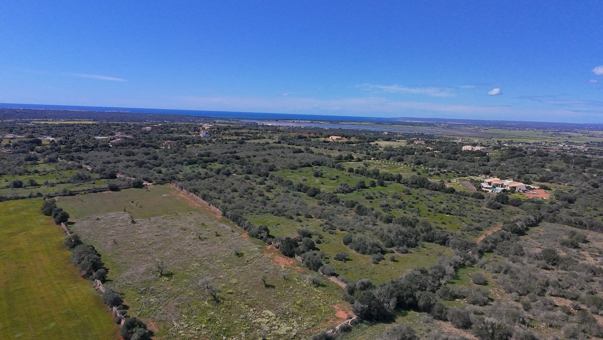 Luftaufnahme der Grundstückslage bei Ses Salines mit Blick bis zum Meer
